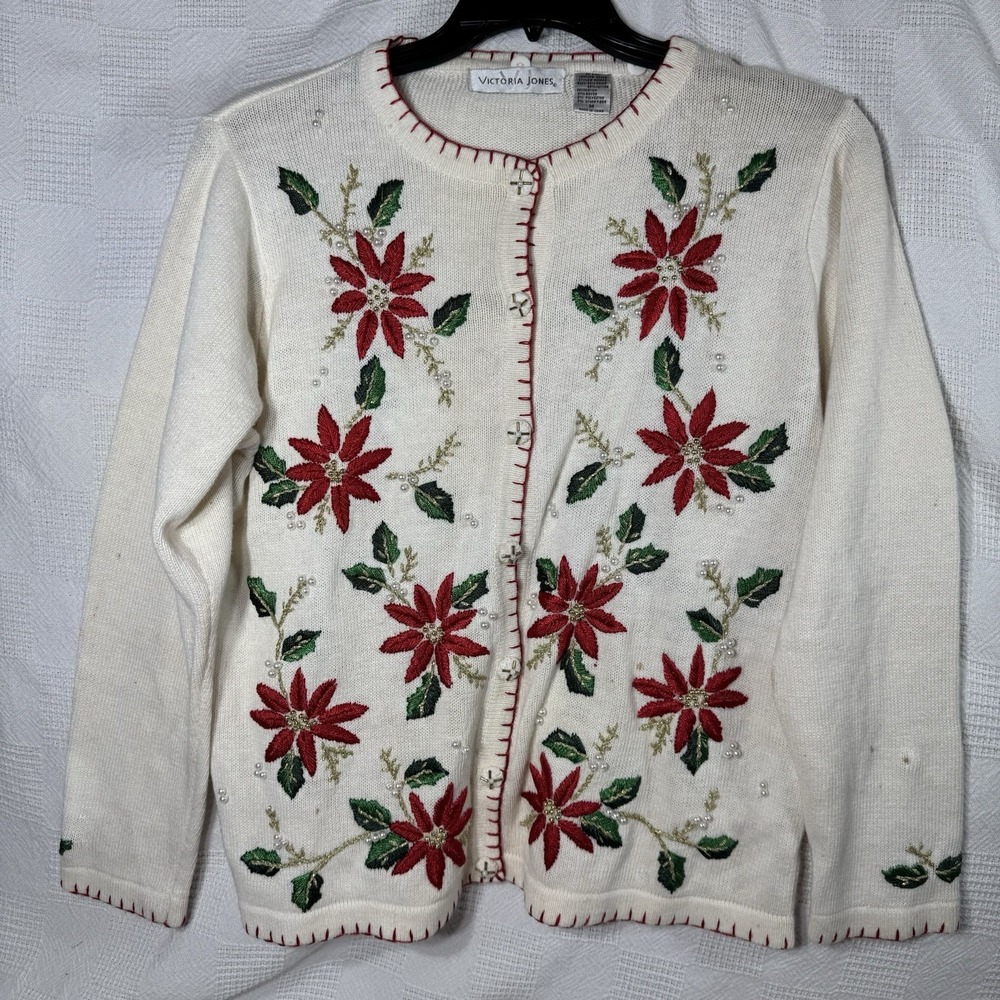 Victoria Jones Vintage Off White Christmas Poinsetta Sweater‎ Sz Medium